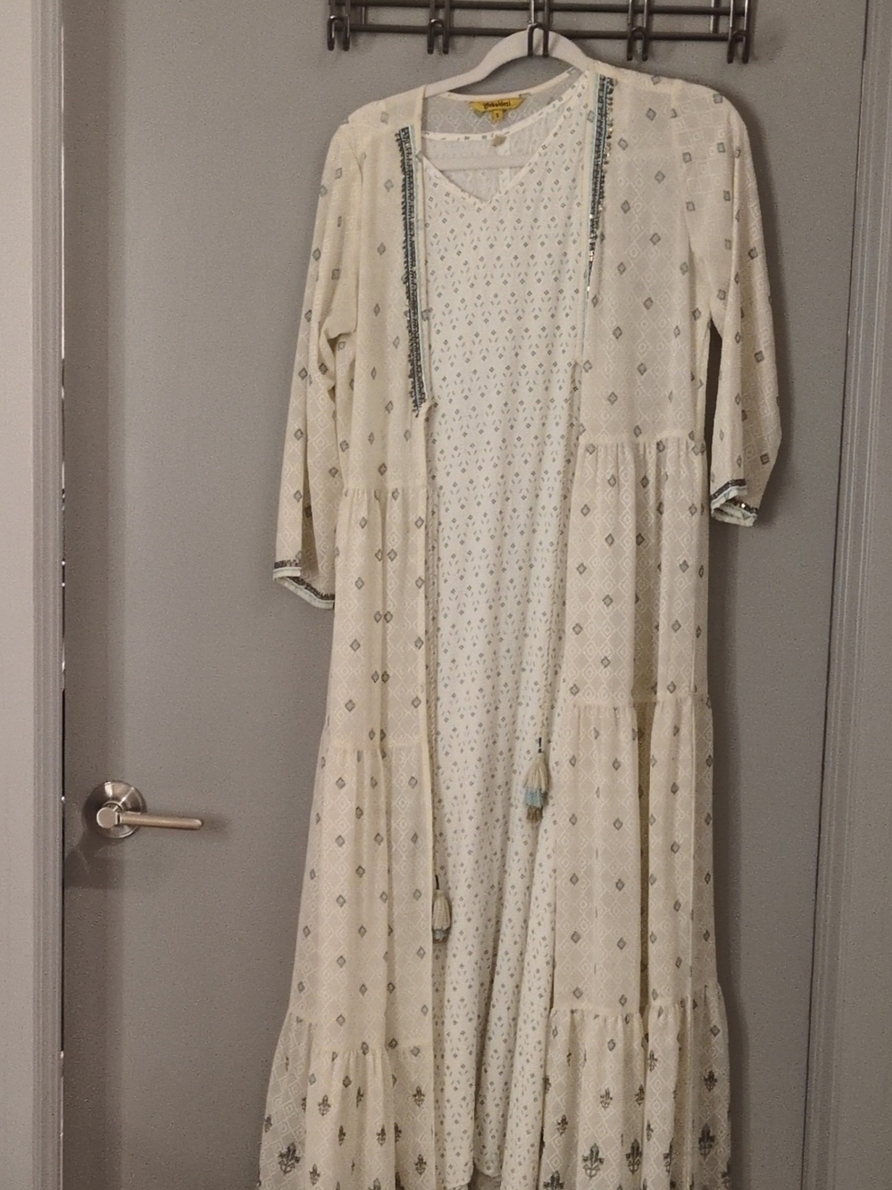 Global Desi Cream and White Embroidered Maxi Dress with Tassel Cardigan